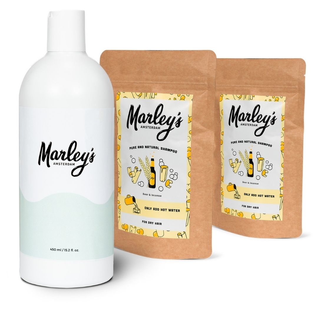 Marley's Shampoo Pack - 2x Öl & Rökelse Shampoo Flakes med återanvändbar flaska