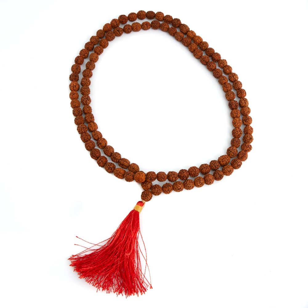 Mala Rudraksha med Röd tofs - 108 pärlor